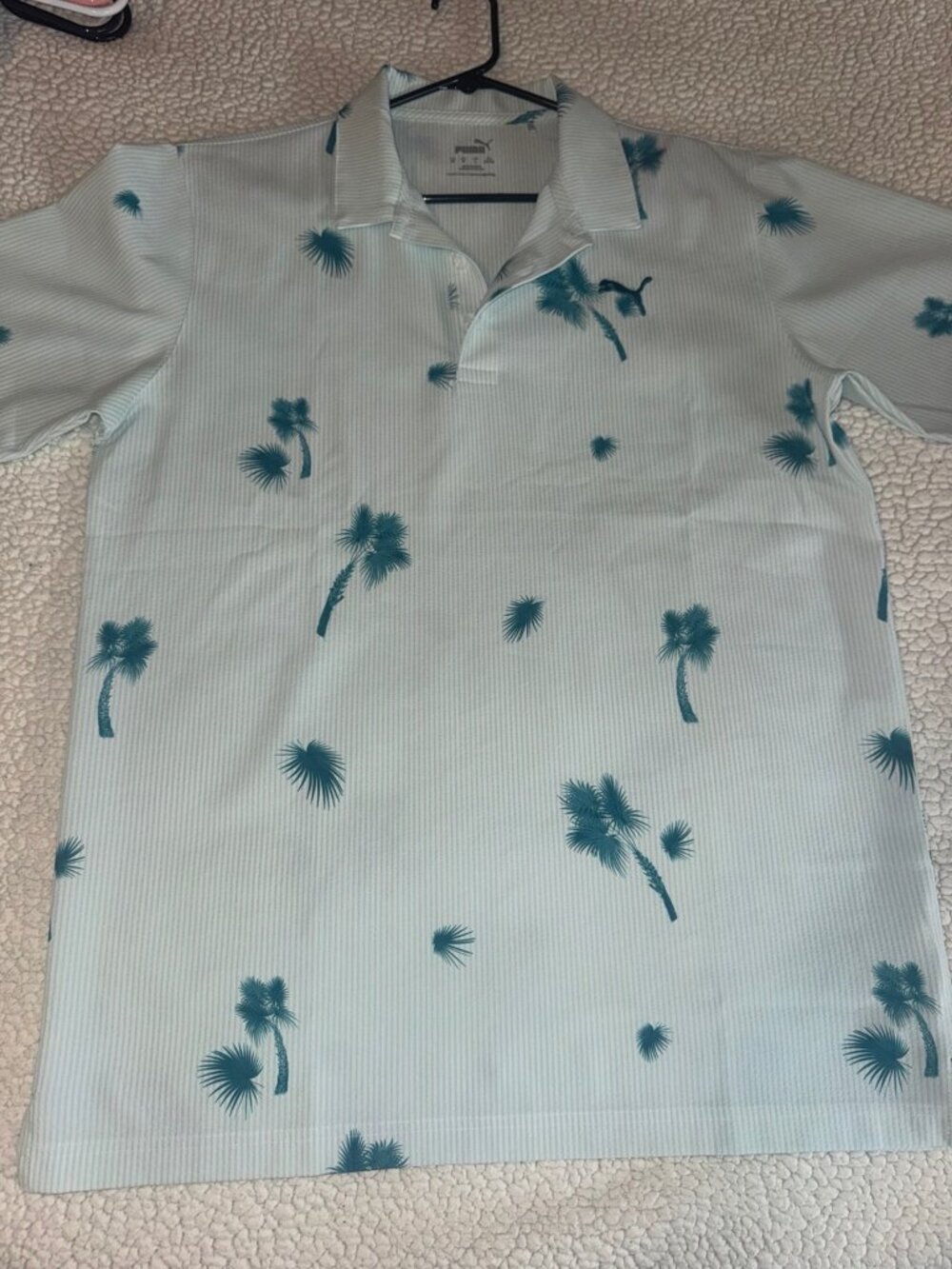 Puma Men's Medium Mint White Striped Teal Palm Tree Golf Polo Like New
